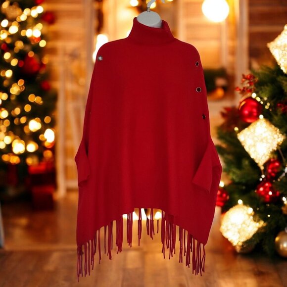 Rosstree Lane Red Turtleneck Poncho Fringe Hem & Metal Hole Details-OS - Picture 2 of 11